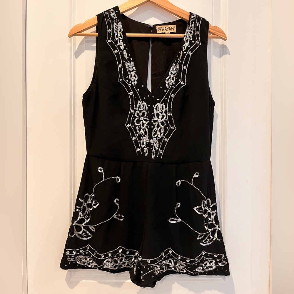 Wayan Embroidered Black Sleeveless Romper